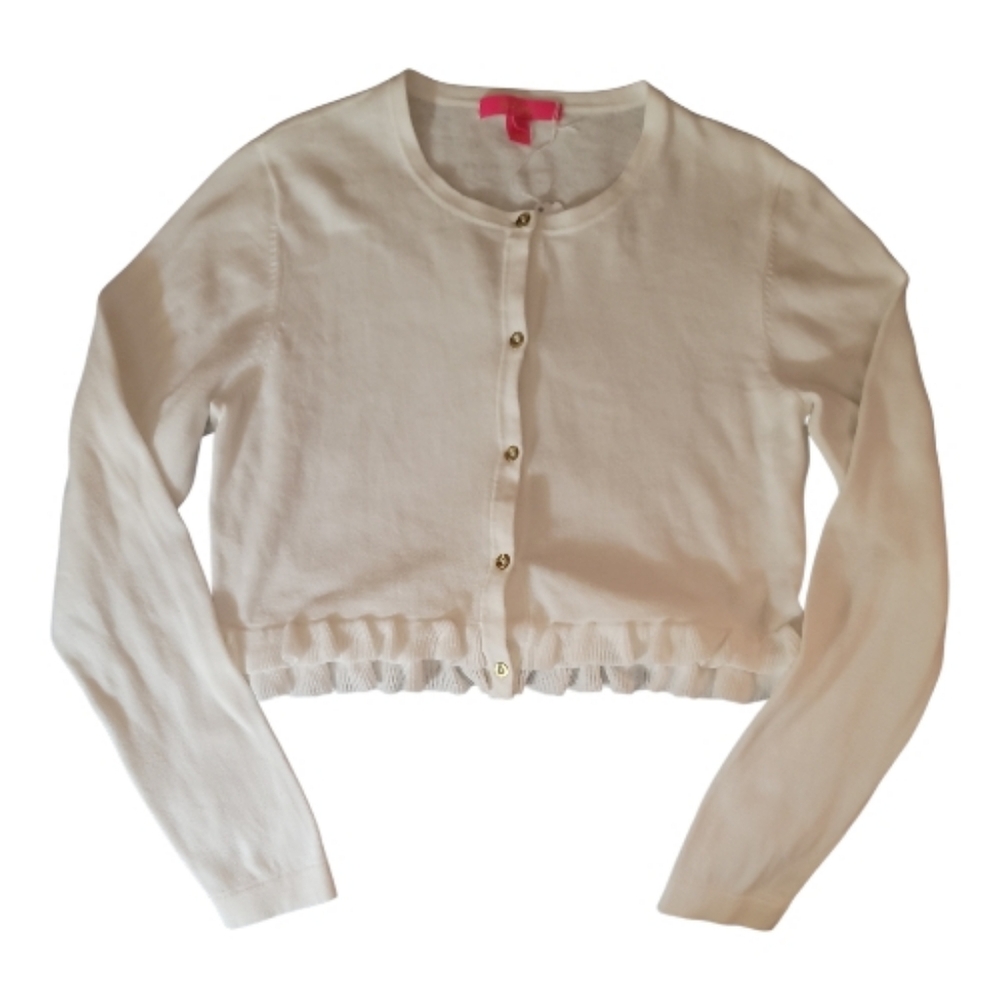 Sweater crop cardigan long sleeves button up double ruffle hem vanilla girl